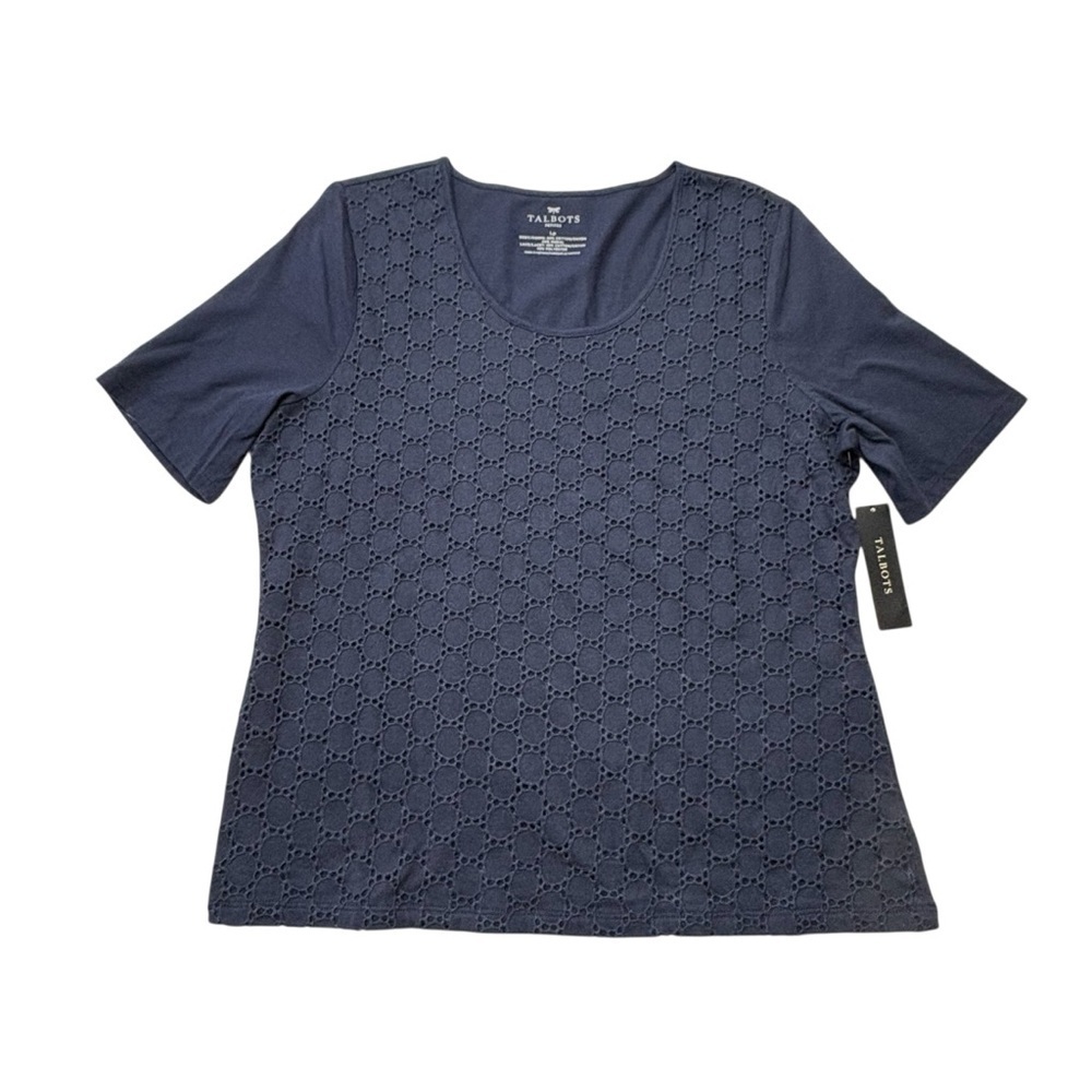 NEW Talbots Short Sleeve Lace Front Top Sz LP Petite Navy Blue Soft Cotton Modal